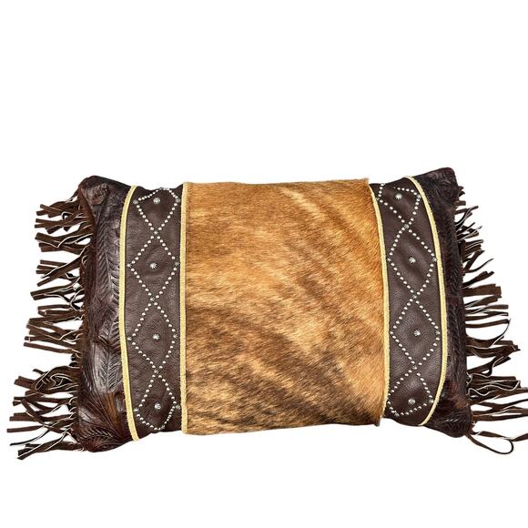 American West Cowhide Tooled Leather Pillow Fringe Ranch Rustic Cowboy Studded - Picture 1 of 16